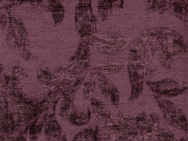 Dusky plum chenille with large dark scrolling leaves and a visibly textured weave