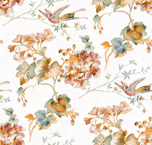 Warm ivory flat weave with rust florals, blue-green leaves and two hovering birds