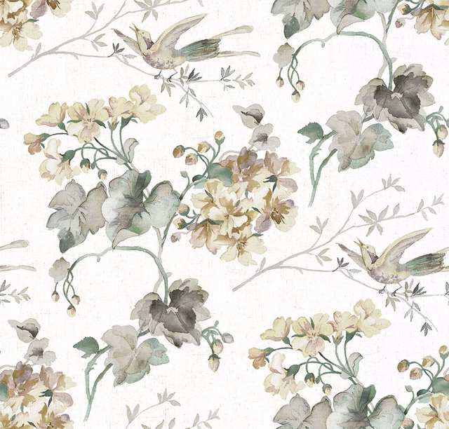 Ivory flat-weave fabric with muted botanical sprays, hummingbirds and sage-grey foliage