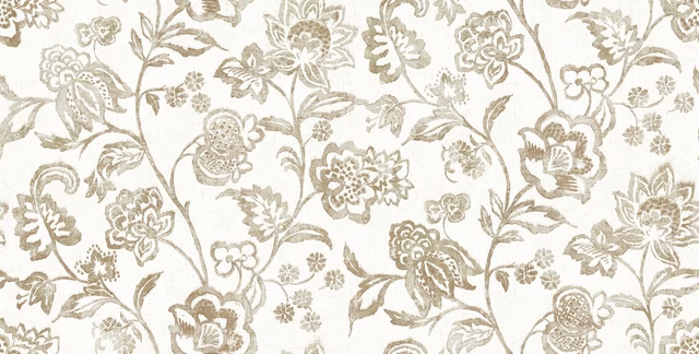 Ivory flat weave with taupe botanical flowers, leaves and scrolling stems