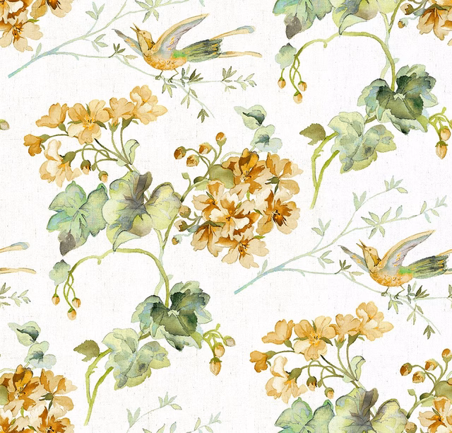 Cream floral flat weave with sage leaves, ochre blooms and blue-green birds