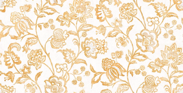 Ivory flat-weave fabric with ochre scrolling florals, leaves and small blossoms
