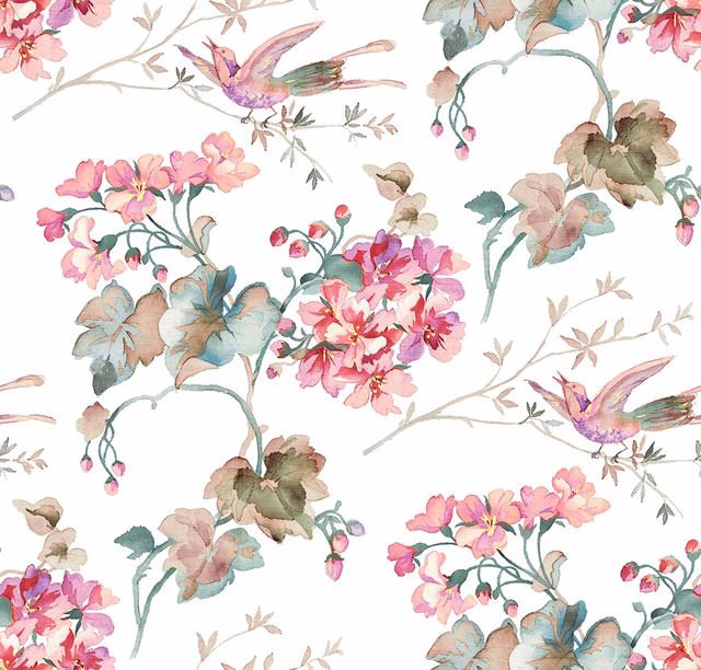 Ivory botanical fabric with pink flowers, sage leaves and colourful hummingbirds