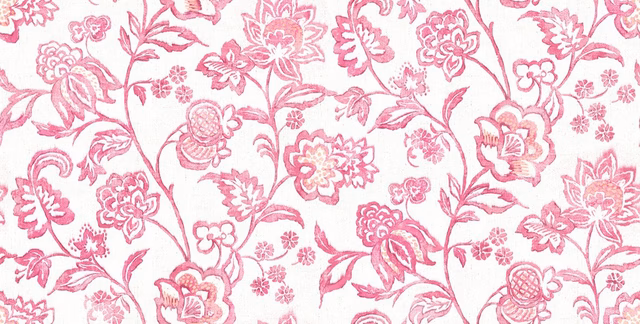 Ivory flat-weave ground with dusty pink scrolling floral and botanical motifs