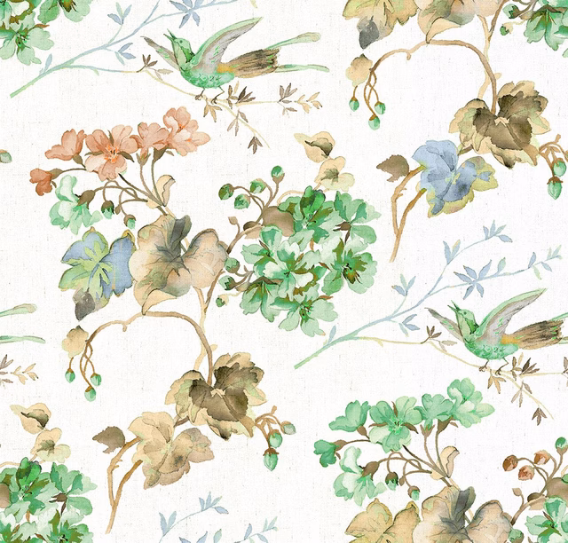 Cream botanical flat weave with green hummingbirds and soft blue leaves