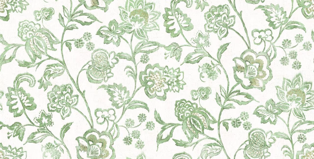 Sage-green botanical florals and leaves across a pale ivory woven ground