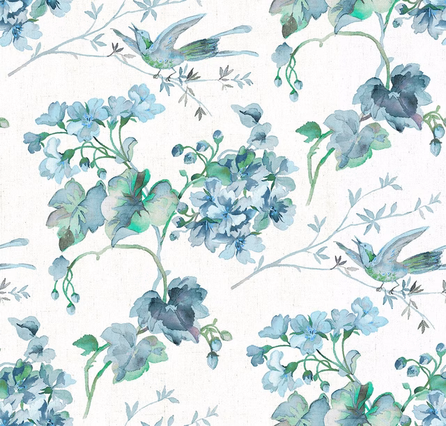 Cream flat weave with blue-green flowers, leafy stems and two hummingbirds