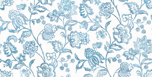 Cream flat weave with softly faded blue floral branches, leaves and outlined blossoms