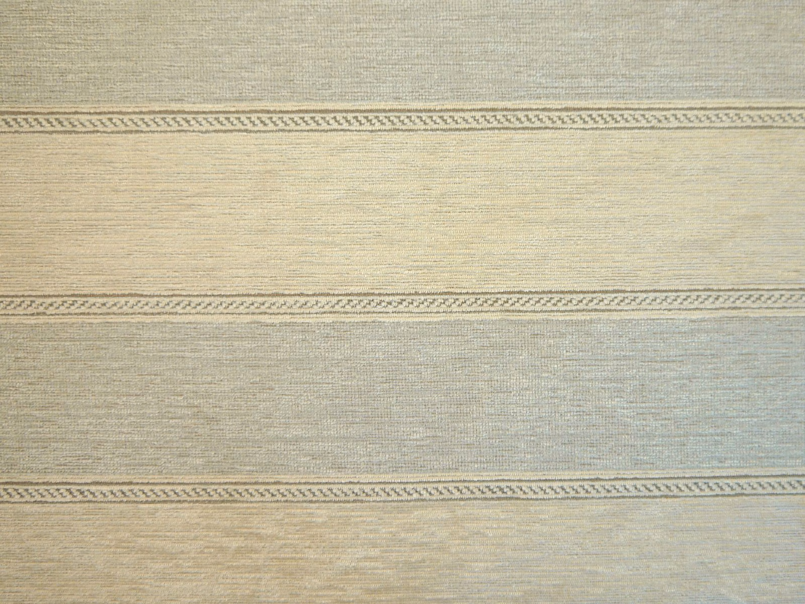 Muted sage-grey chenille with oat horizontal stripes and narrow chevron bands