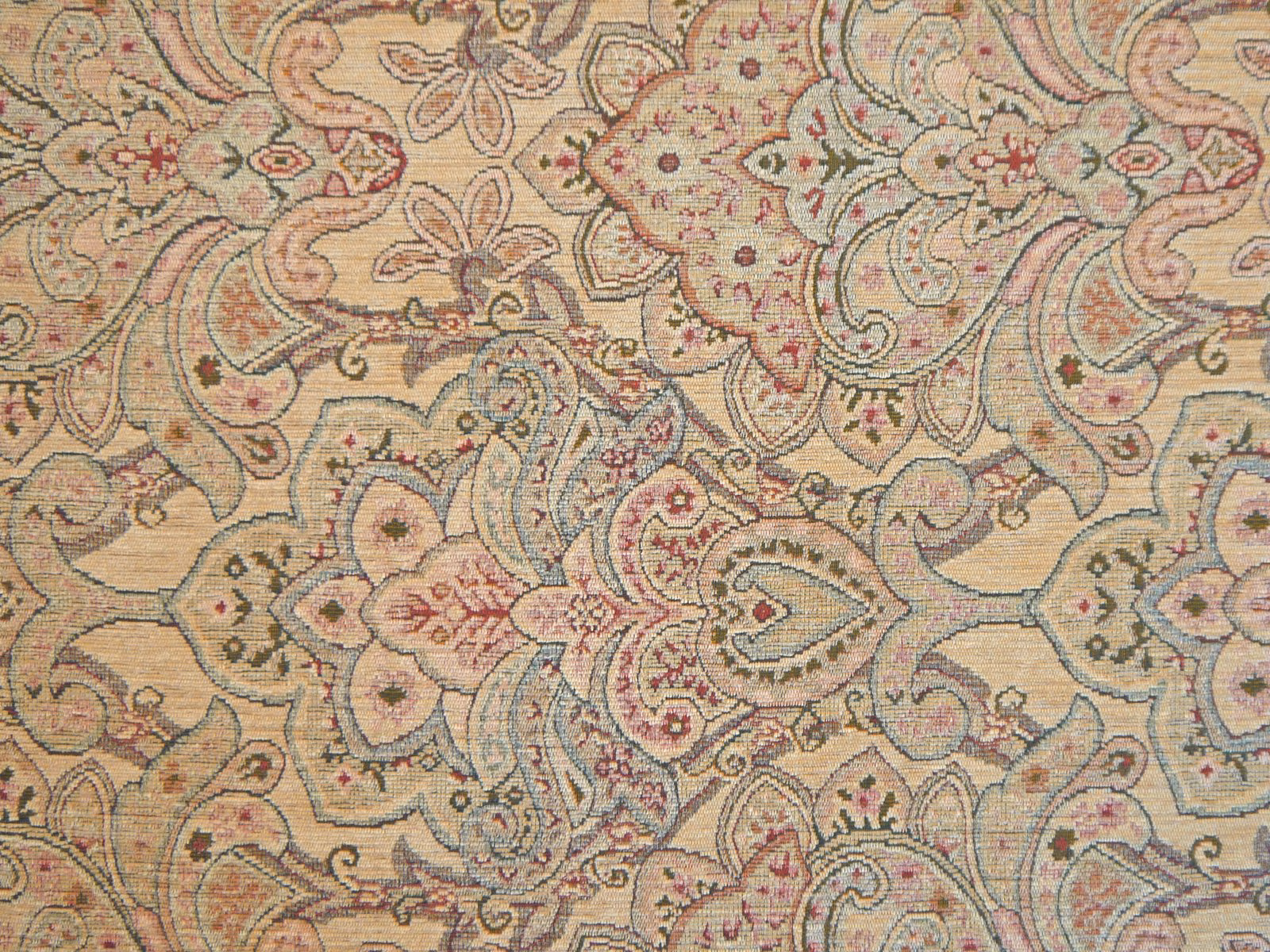Warm oatmeal chenille with dusty rose paisleys, sage curls and faded blue floral details