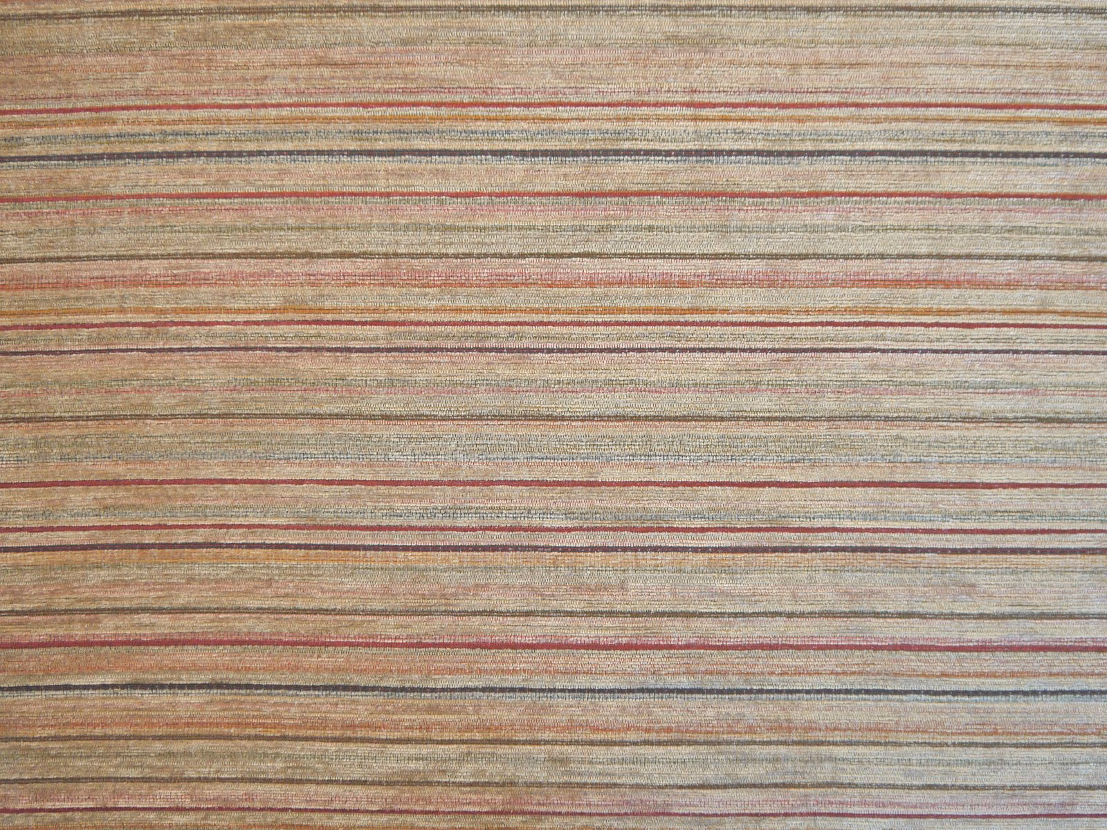 Muted beige chenille with fine horizontal stripes in rust, sage, taupe and blue