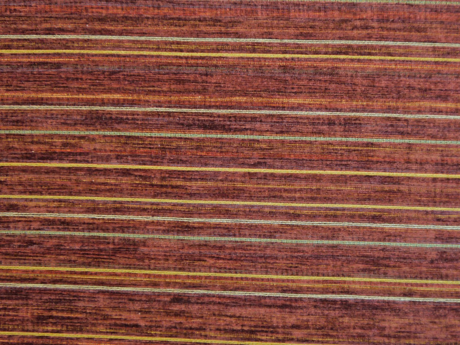 Deep burgundy chenille with fine horizontal olive, ochre and blue-green stripes