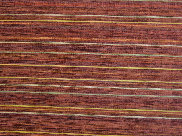 Deep burgundy chenille with fine horizontal olive, ochre and blue-green stripes