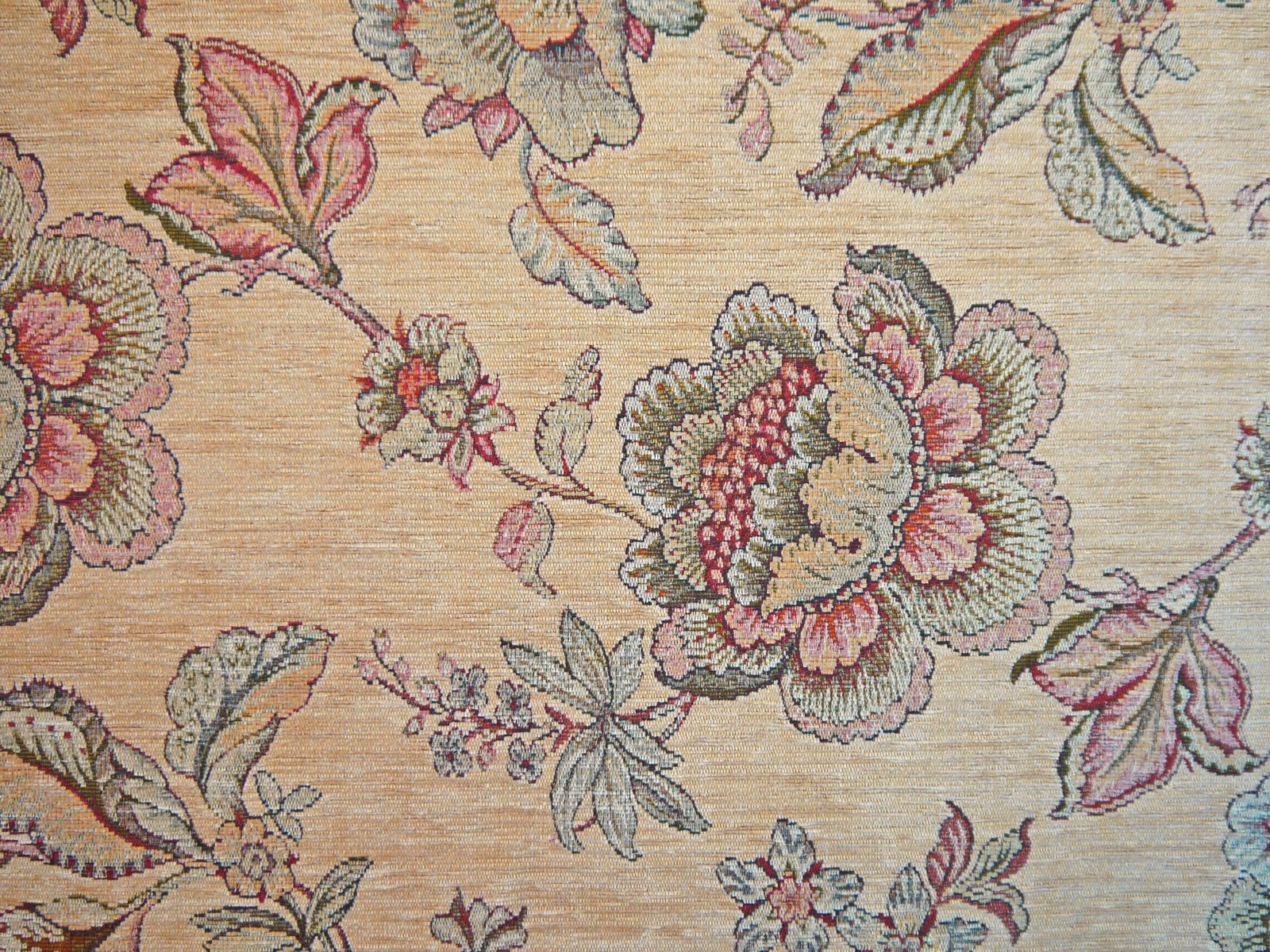 Warm oat-beige chenille with dusty rose, sage and blue-grey floral sprays