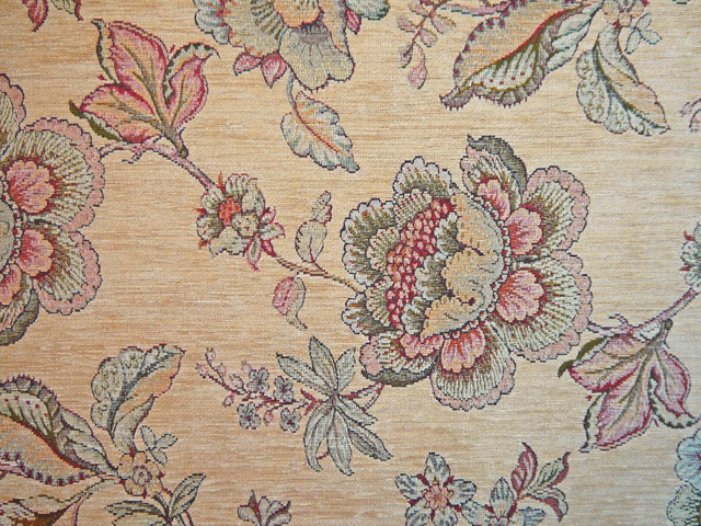 Warm oat-beige chenille with dusty rose, sage and blue-grey floral sprays