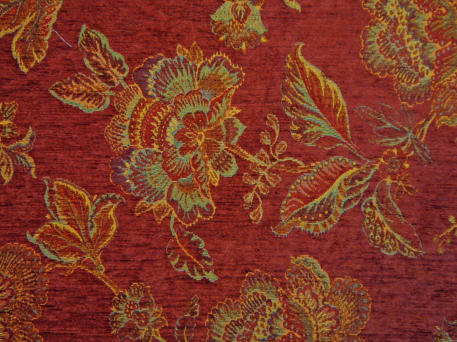 Deep garnet chenille with olive, gold and teal botanical flowers