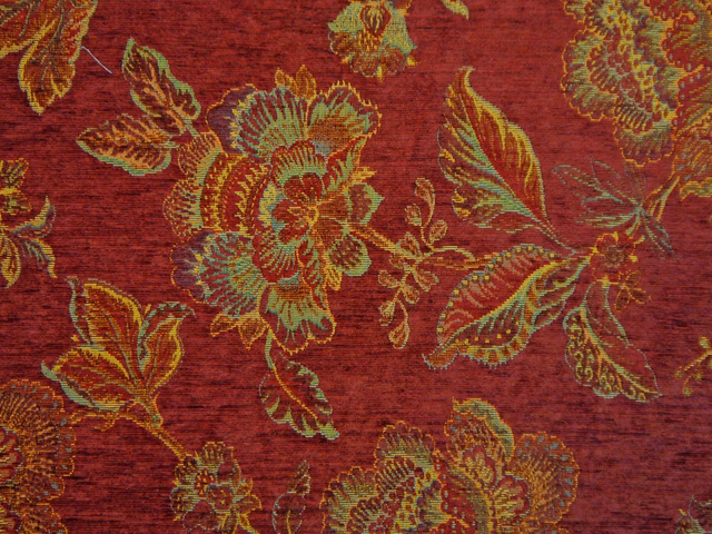 Deep garnet chenille with olive, gold and teal botanical flowers