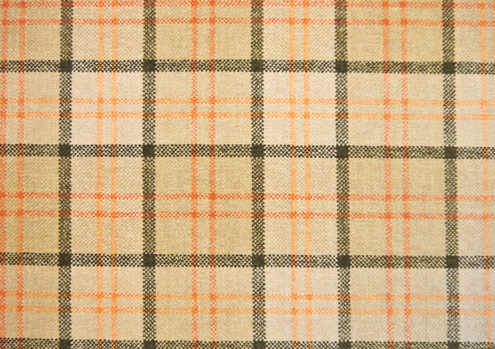 Warm oatmeal chenille tartan with charcoal checks and fine coral-orange lines