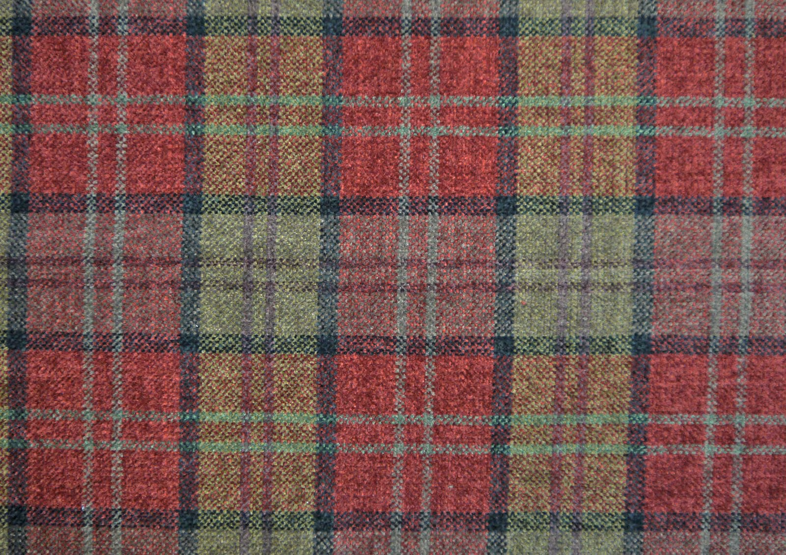 Burgundy chenille tartan with olive, mustard, teal and charcoal woven checks