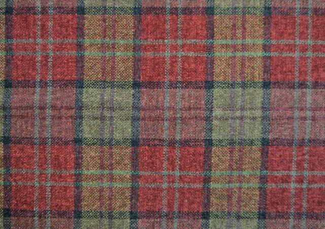 Burgundy chenille tartan with olive, mustard, teal and charcoal woven checks