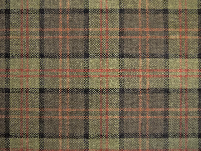 Muted olive plaid chenille with charcoal blocks and fine red and rust lines