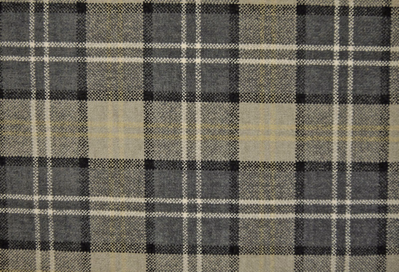 Olive-grey chenille fabric with charcoal and cream medium-scale plaid checks