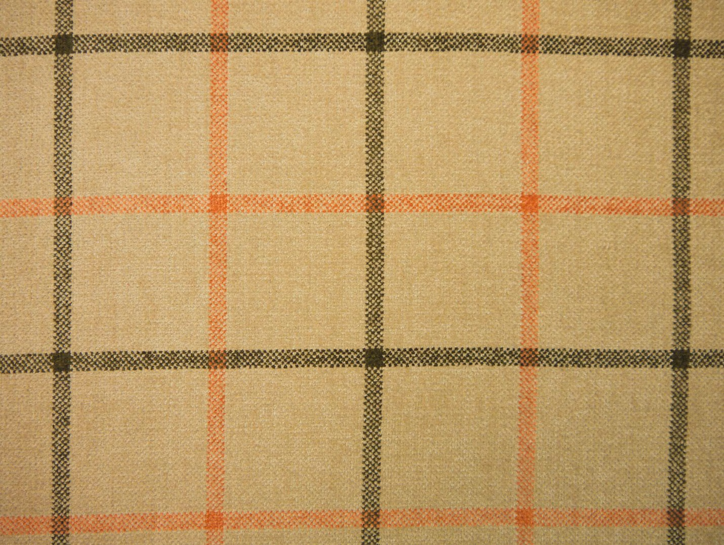 Warm beige chenille plaid with charcoal checks and coral-orange lines