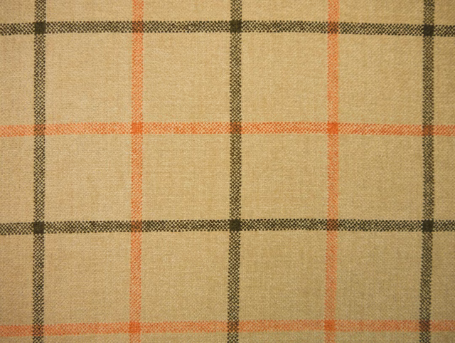 Warm beige chenille plaid with charcoal checks and coral-orange lines