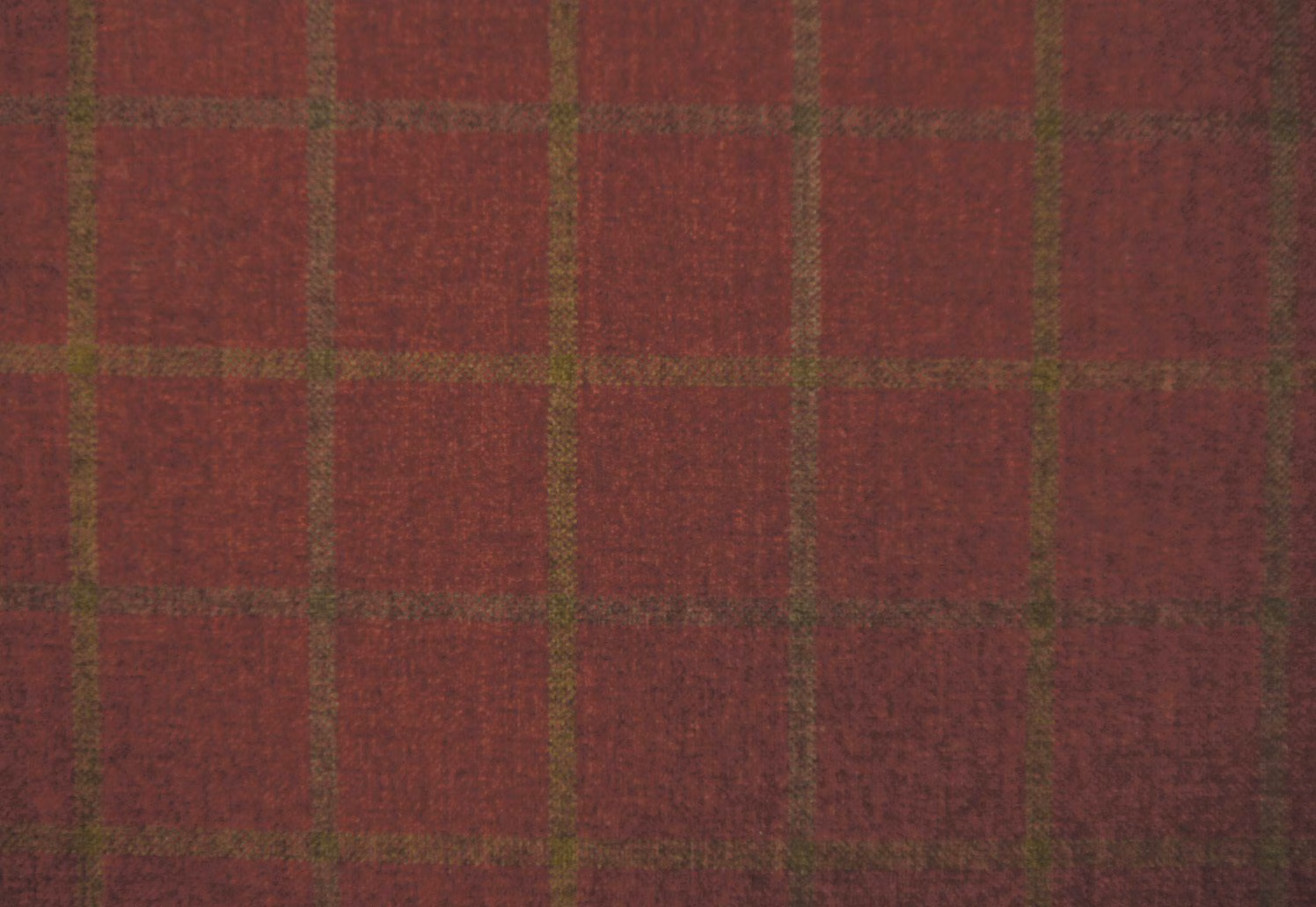Muted burgundy chenille with olive windowpane checks and softly mottled texture