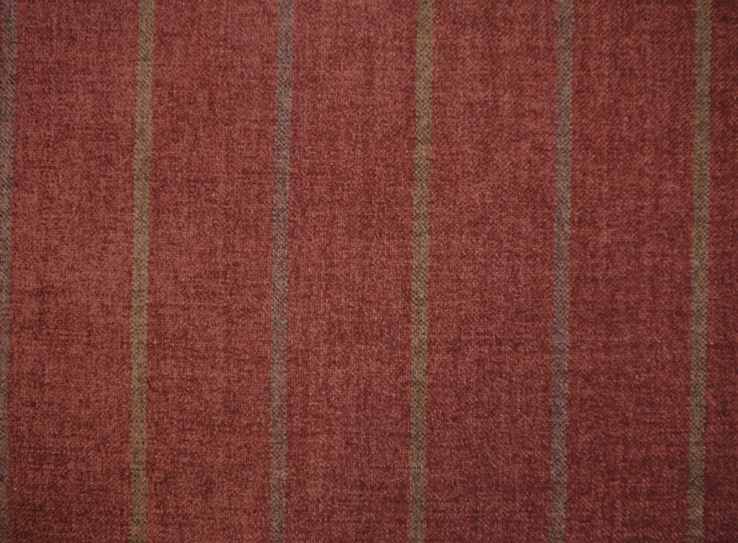 Muted terracotta chenille with olive and taupe vertical stripes and flecked woven texture