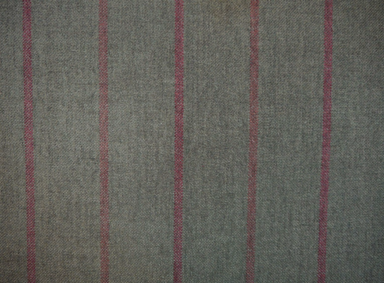 Muted olive-grey chenille with narrow burgundy vertical stripes and woven texture