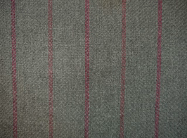 Muted olive-grey chenille with narrow burgundy vertical stripes and woven texture