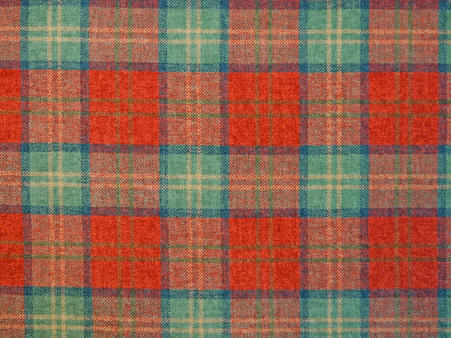 Deep red tartan chenille with teal, green, cream and blue-grey woven checks