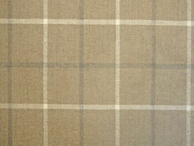 Muted taupe chenille check with grey-green bands and fine cream lines