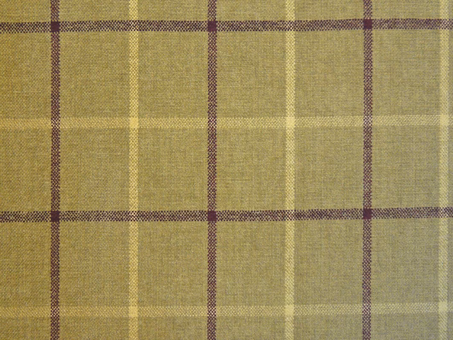 Muted olive chenille plaid with cream, ochre and plum windowpane lines