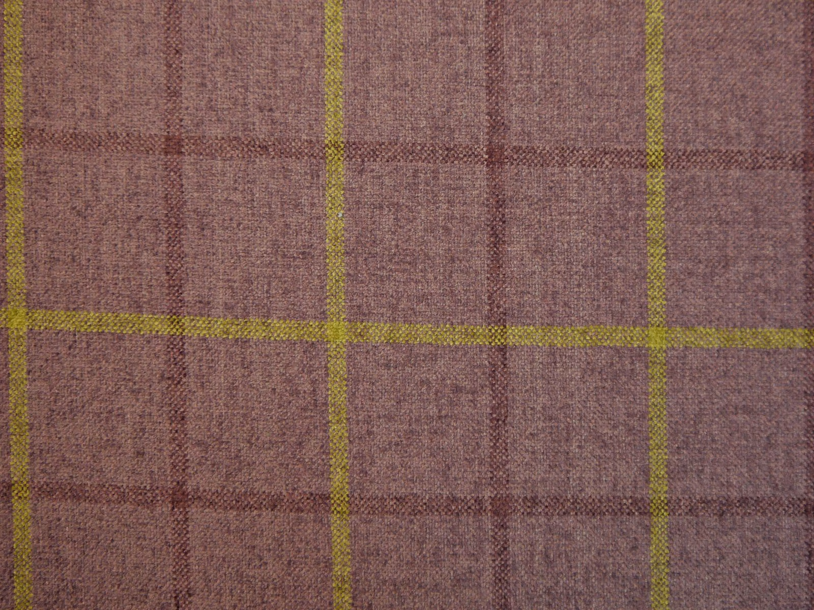 Dusty mauve plum chenille check with olive-green lines and textured woven surface