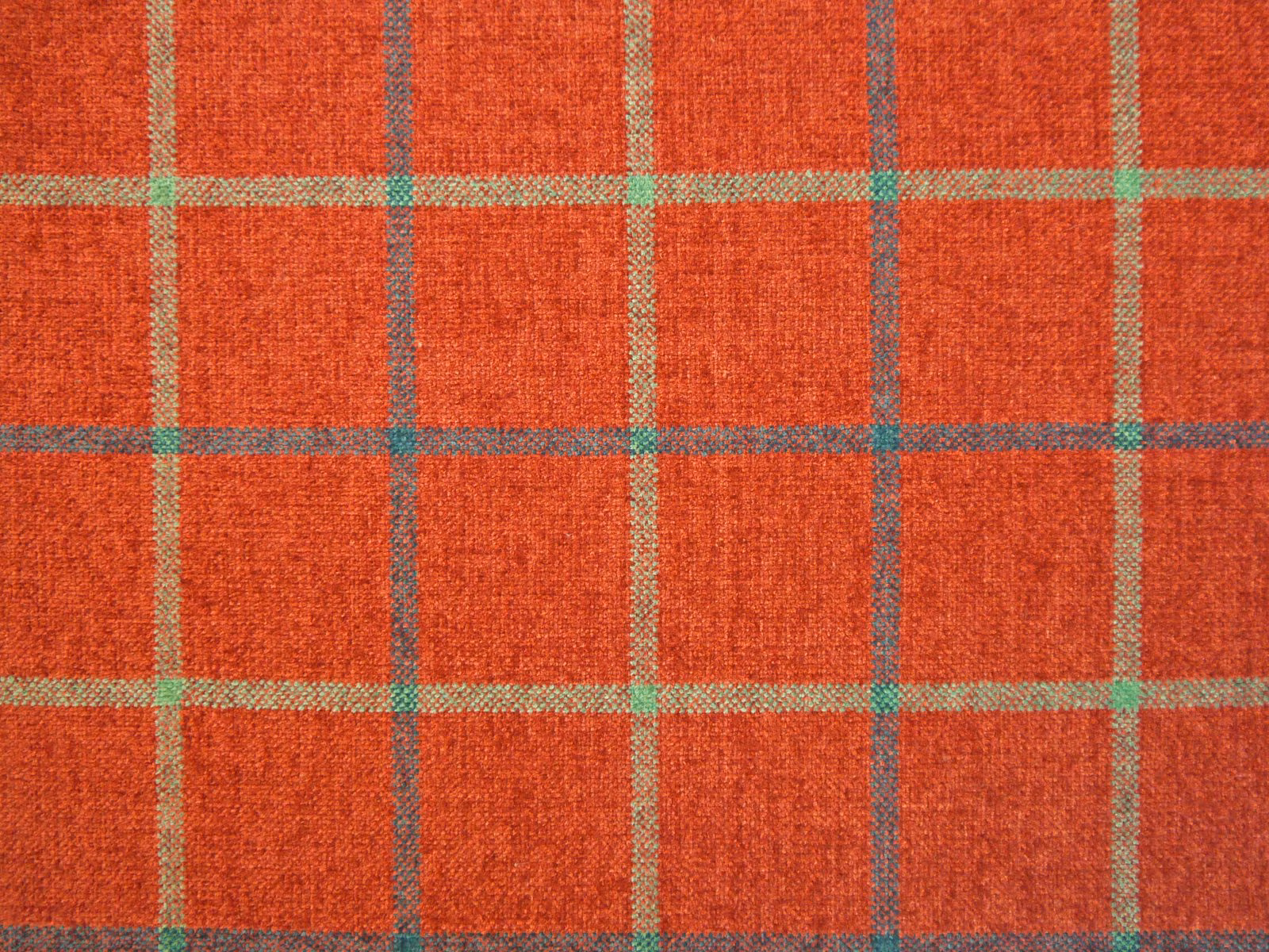 Rust-red chenille plaid with blue-grey and pale olive windowpane lines