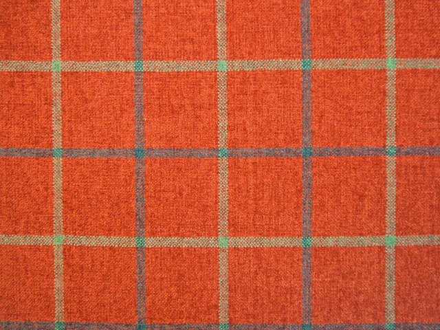 Rust-red chenille plaid with blue-grey and pale olive windowpane lines