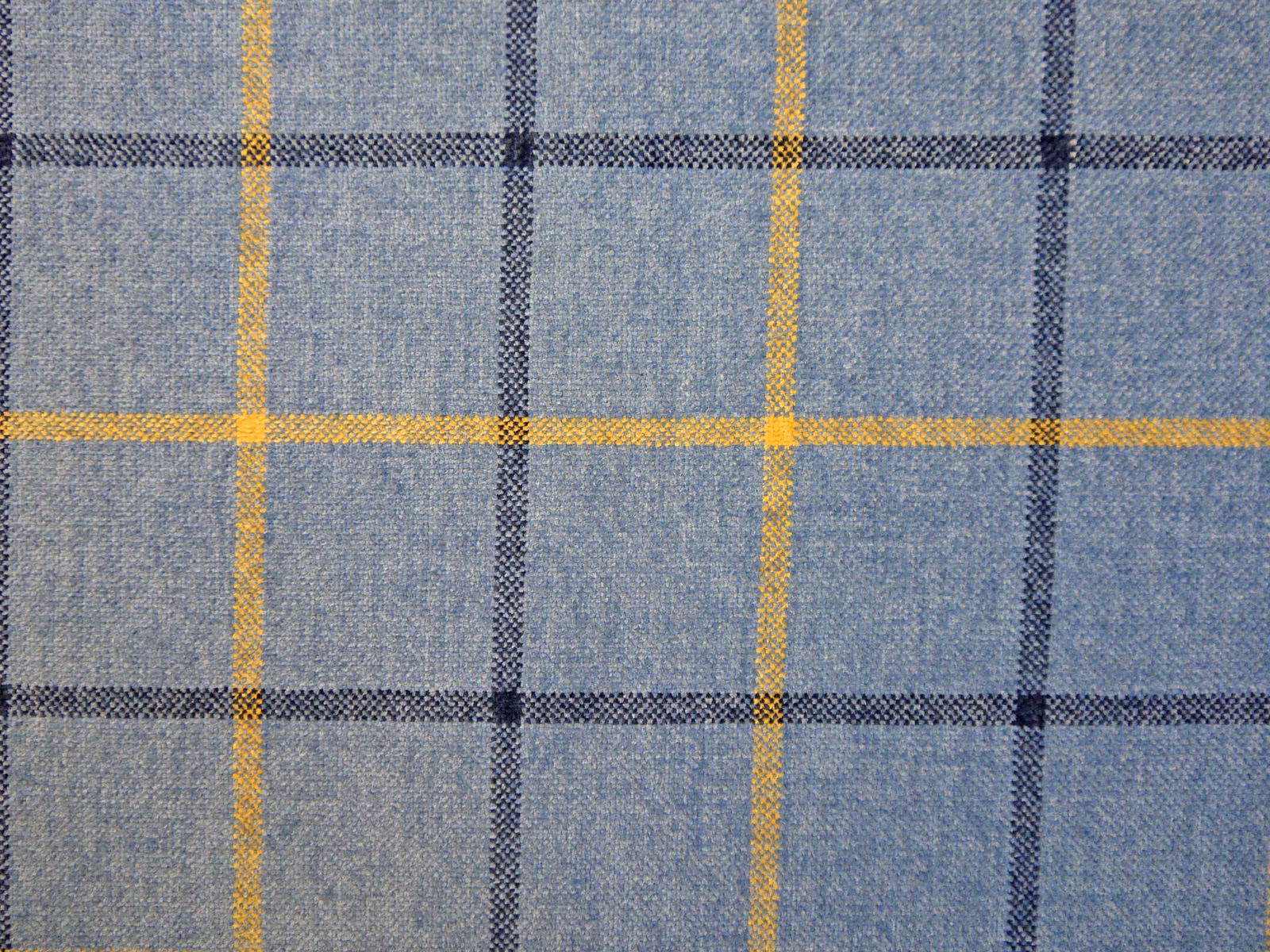 Blue-grey chenille plaid with mustard yellow and deep navy grid lines