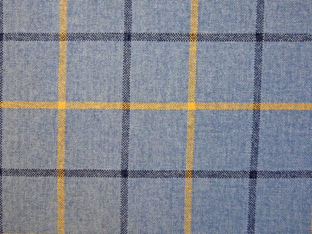Blue-grey chenille plaid with mustard yellow and deep navy grid lines