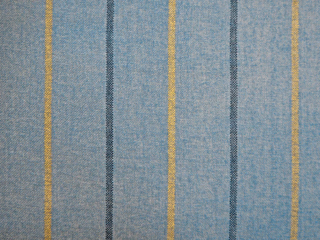 Blue-grey chenille with vertical charcoal and ochre woven stripes
