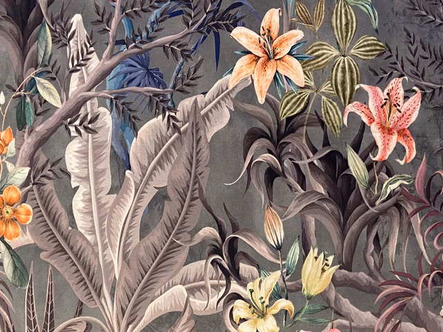 Charcoal velvet with coral lilies, blue accents and pale botanical leaves