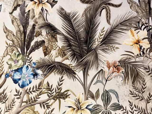 Cream velvet with charcoal palms, blue flowers, olive leaves and peach lilies
