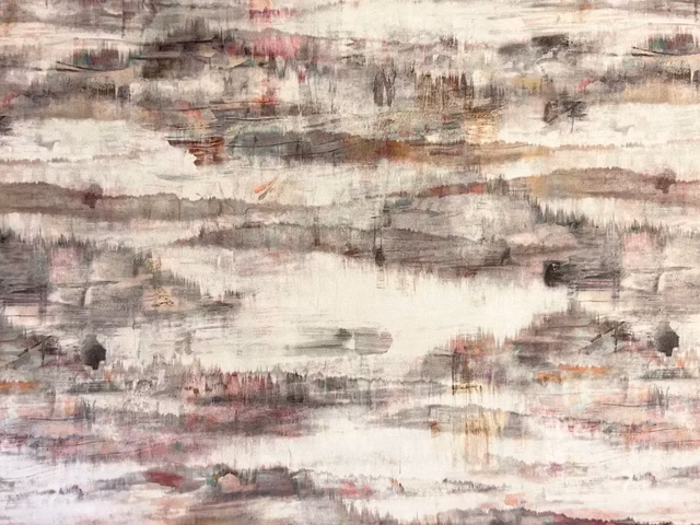 Cream velvet with layered taupe, grey and blush horizontal painterly marks
