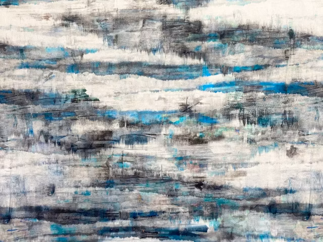 Blue-grey velvet with cream, turquoise and charcoal horizontal painterly streaks