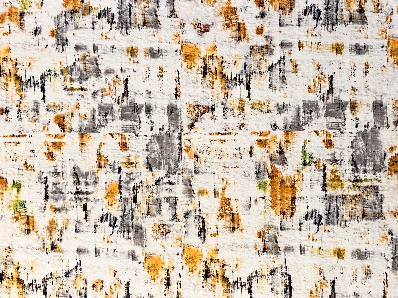 Ivory velvet with charcoal, grey and ochre distressed painterly marks