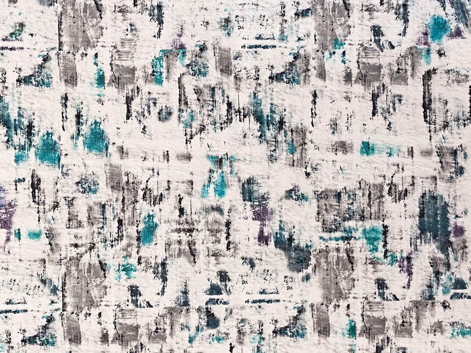 Ivory velvet with distressed charcoal marks and vivid teal painterly accents