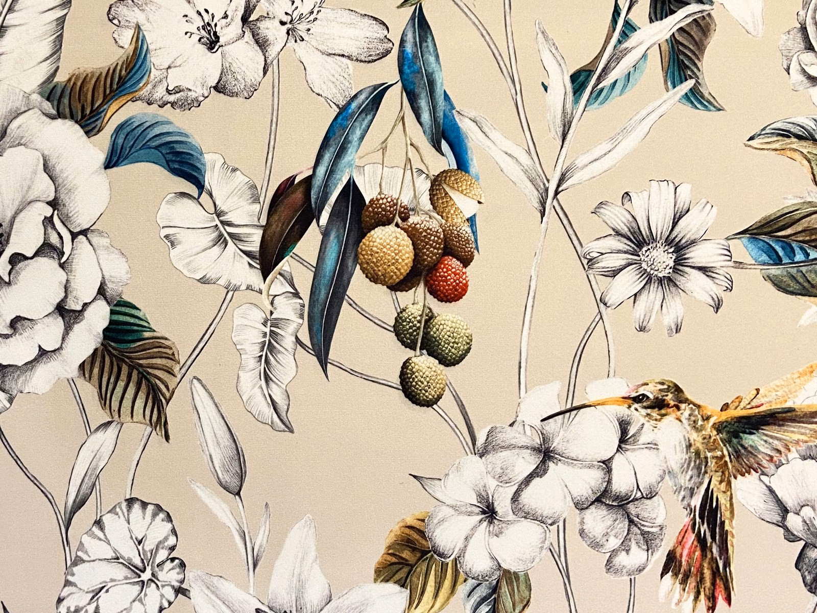 Warm beige velvet with teal leaves, outlined flowers, berries and a small bird