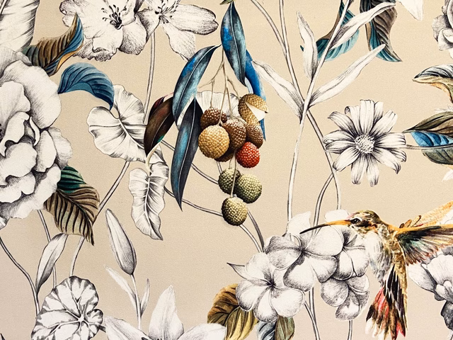 Warm beige velvet with teal leaves, outlined flowers, berries and a small bird