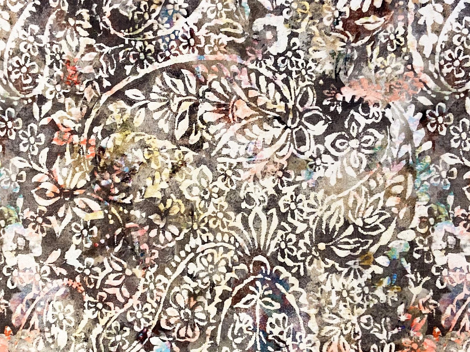 Dense charcoal floral velvet with ivory, blush, olive and teal painterly accents